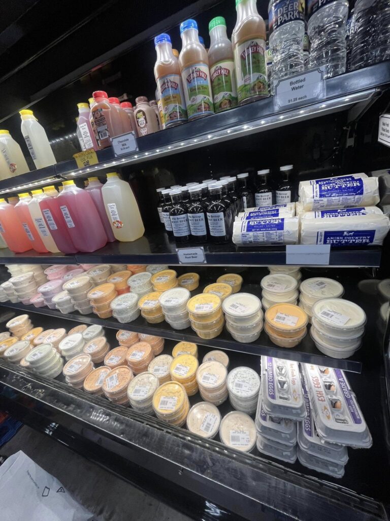 Refrigerated deli shelf with dips and drinks