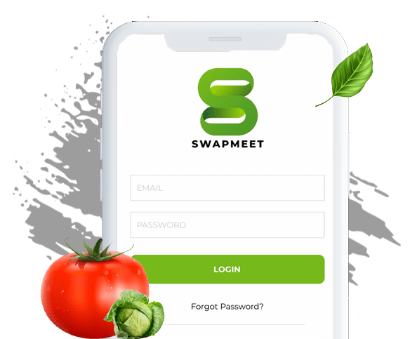 Swapmeet app login screen with fresh produce