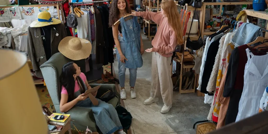 Friends trying on dress in thrift store